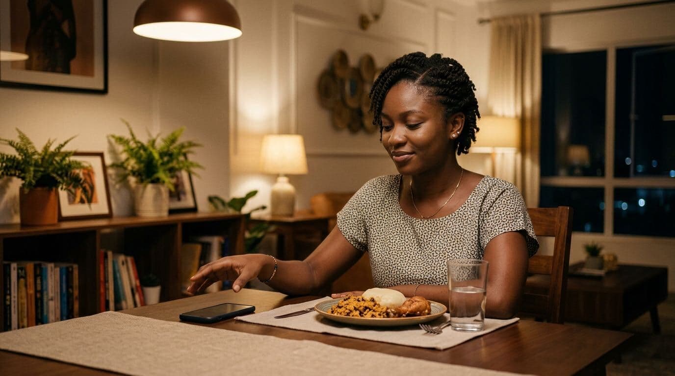 A woman at her dining table, phone face-down beside her plate