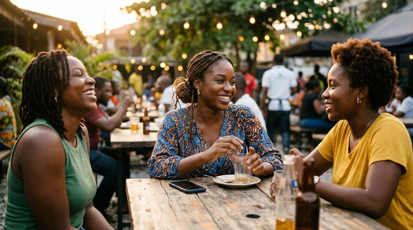 Friends laughing together at an outdoor table