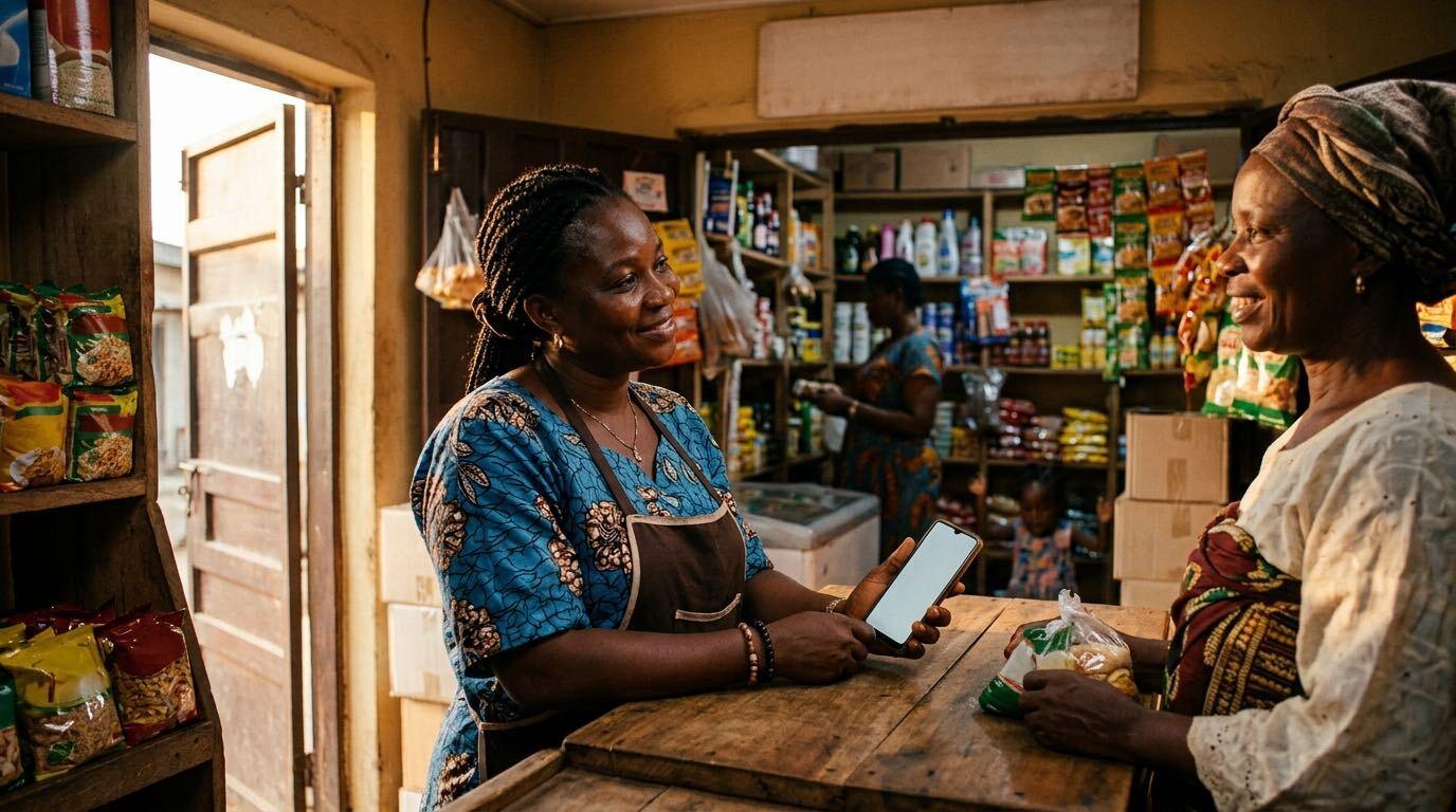 A shop owner serving a customer at her counter