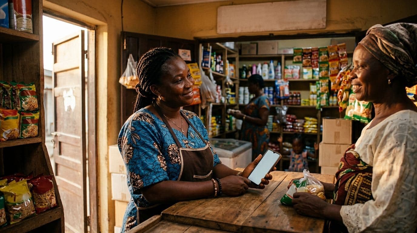A shop owner serving a customer at her counter