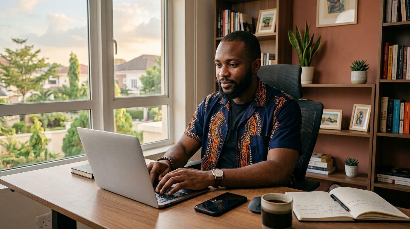 A man working at his laptop in a home office