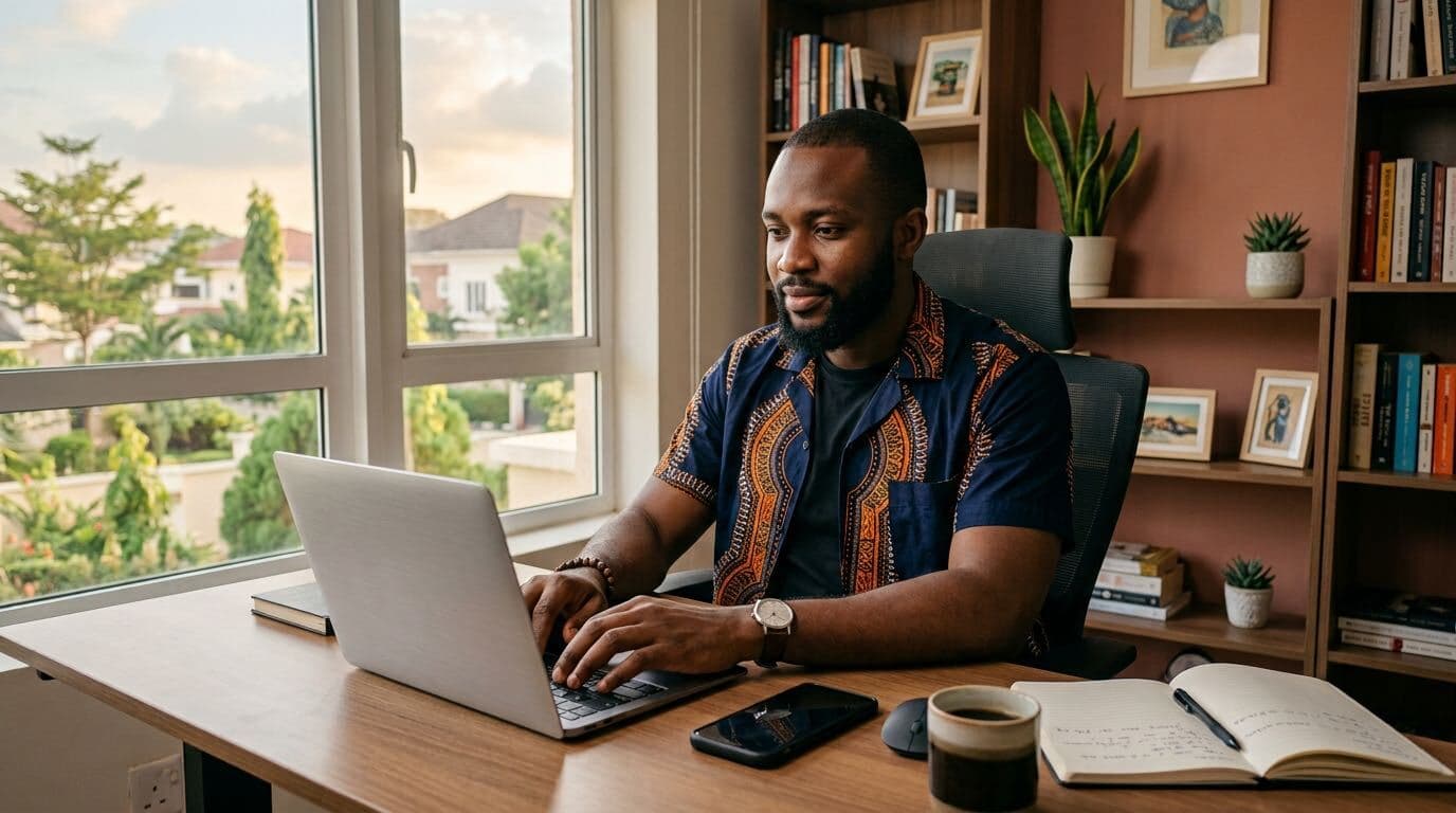 A man working at his laptop in a home office